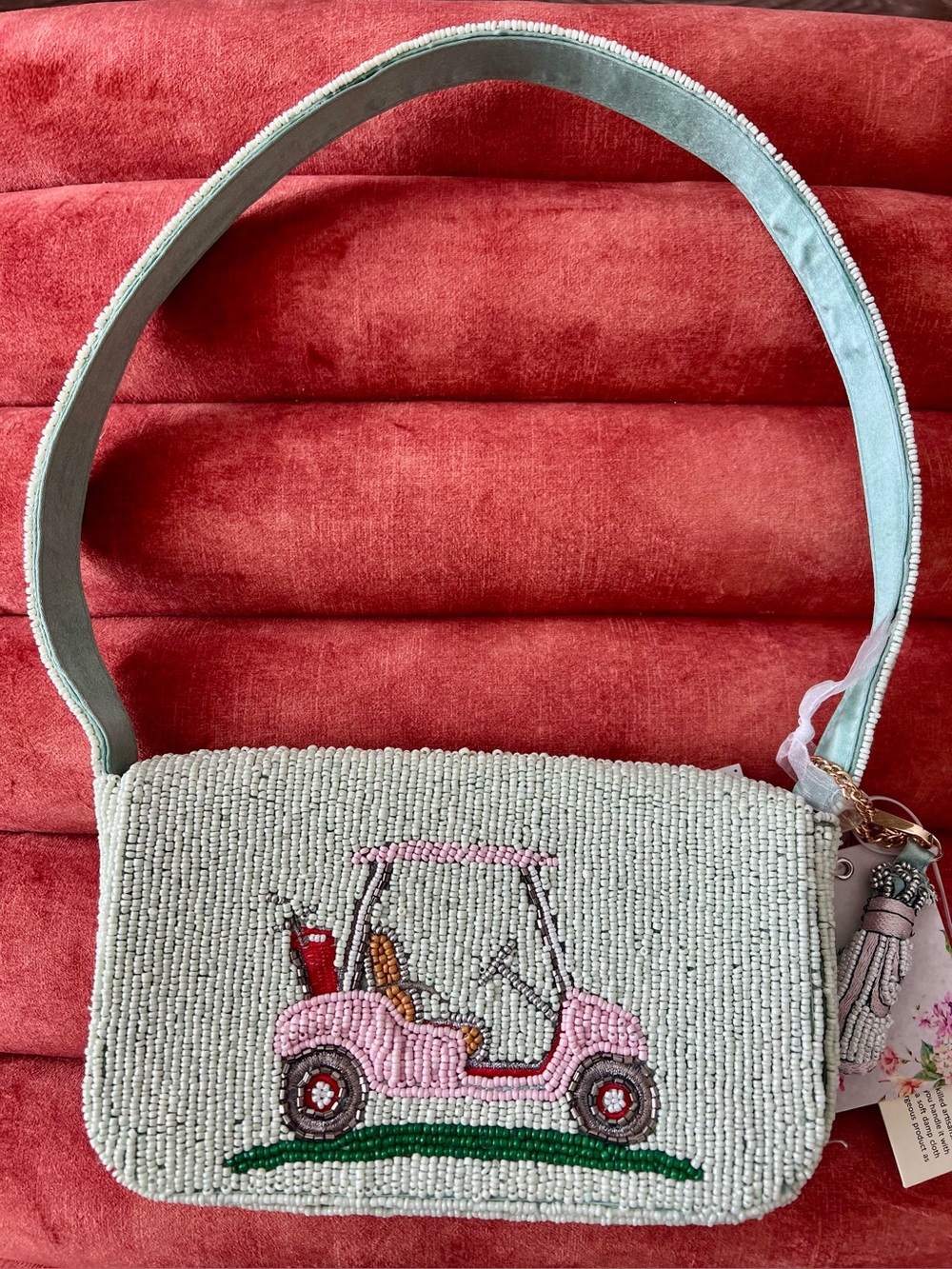 NWT Made in India Golf Cart Hole in One Green Beaded Bag RARE